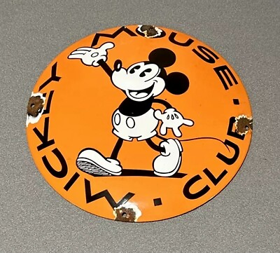 #ad VINTAGE DOMED 12” MICKEY DISNEY MOUSE PORCELAIN SIGN CAR GAS OIL