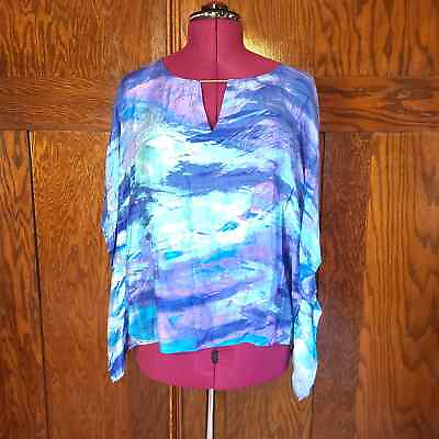 #ad Chico#x27;s Poncho Style Top Size S M Watercolor Armholes Modal Silk Blend Flawed