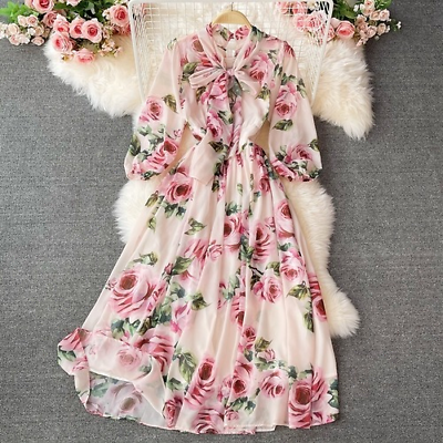 #ad New Summer Casual Chiffon Floral Print V Neck A Line High Waist Mid Calf Dresses
