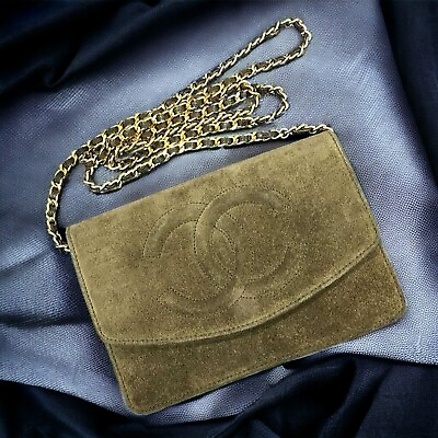 #ad CHANEL Cocomark Suede Khaki Chain Wallet USED JP