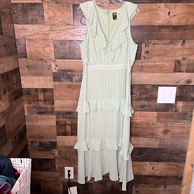 #ad Taylor Sleeveless Tiered Ruffle Midi Maxi Dress Sage Chiffon V Neck 14 $158