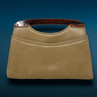 #ad Vintage Waxed Tan Leather Tortoiseshell Acrylic Handle Clutch Purse Bag Handbag