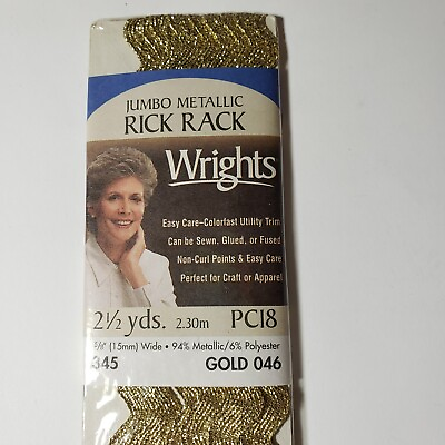 #ad Wrights Jumbo Metallic Rick Rack 2.5 Yards Gold Metallic PC18 Gold 046 NIP