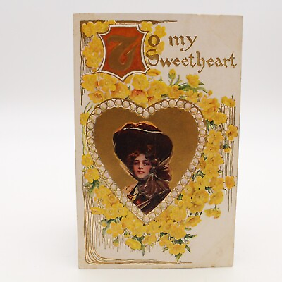 #ad Antique To My Sweetheart Valentine Embossed Postcard Woman Big Hat Unposted