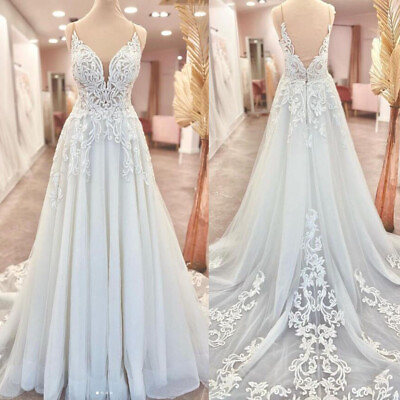 #ad Bohemian V Neck Wedding Dresses A Line Lace Appliques Tulle Bridal Gowns