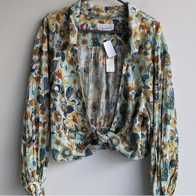 #ad NWT Anthropologie 100% cotton long sleeve floral cropped blouse women#x27;s size XL