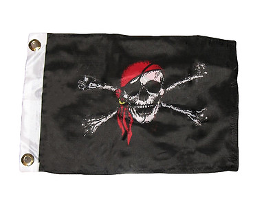 #ad 12x18 Jolly Roger Pirate Skull and Bones Red Hat Double Sided Poly Nylon Flag