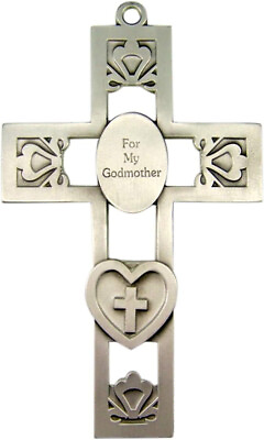 #ad Silver Toned Pewter Hanging Wall Cross #x27;For My Godmother#x27; Religious Home Decor