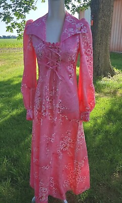 #ad Vintage Boho Renaissance Festival Dress Pink Floral MCM 1960s 1970s S M Custom