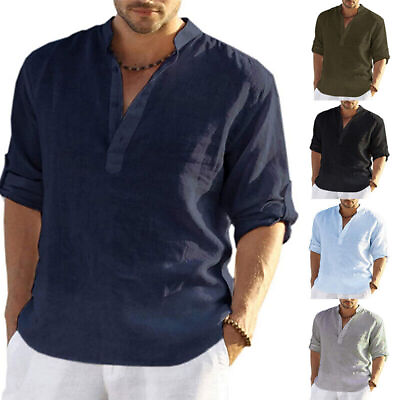 #ad Dress Shirt Tops Linen Shirt Blouse Men Long Sleeve Solid Loose Casual Summer