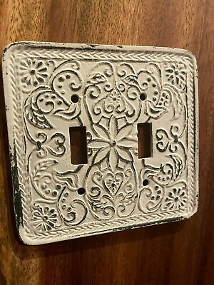 #ad Vtg White wash Shabby Chic Cast Iron Dual Toggle Light Switch Plate French Cover