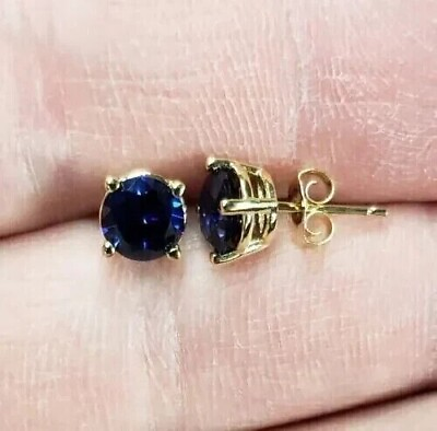 #ad 2.00Ct Round Cut Lab Created Blue Sapphire Stud Earrings 14K Yellow Gold Plated