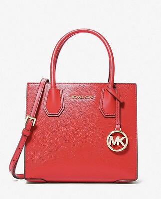 #ad Michael Kors Mercer Medium Bright Red Pebble Leather Messenger Crossbody Bag