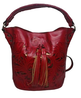 #ad Patricia Nash Otavia Cut Out Tooling Leather Bucket Bag British Burgundy