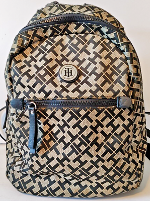 #ad Tommy Hilfiger Black and Tan Logo Backpack Purse Pre Owned