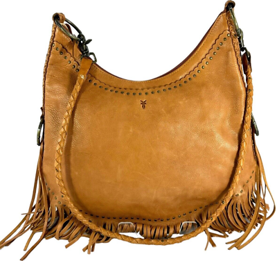 #ad FRYE Tan Leather Fringed Studded Braided Hobo Crossbody Shoulder Bag