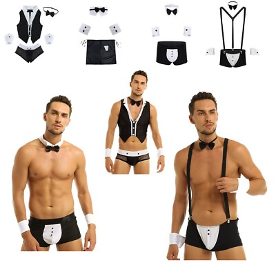 #ad Men Waiter Tuxedo Costume Lingerie Set Boxer Brief with Bow Tie Collar Bracelets