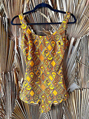 #ad Vintage Swimsuit 60s MOD Groovy Gold Paisley Psychedelic Size S M Palm Royale