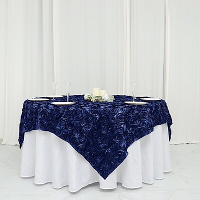 #ad 72x72quot; Navy Blue SATIN Raised Roses TABLE OVERLAYS Unique Wedding Party Toppers