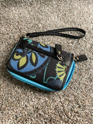#ad EUC Spartina Wristlet Wallet linen and leather blue amp; black