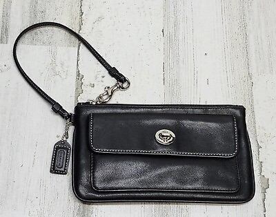 #ad Coach Wristlet Black Leather Mini Handbag Zip Turn Lock Wallet Purse