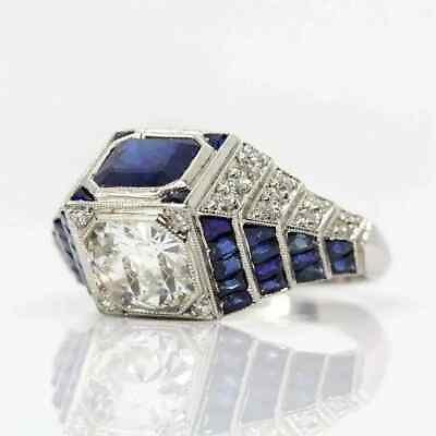 #ad 3.CT Sapphire amp; White Diamond Art Deco Style 14K White Gold Filled Wedding Ring