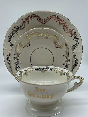 #ad Bavaria Germany Scroll Gold Rimmed Tea Cup Saucer Dessert Set quot;Bum Geburtstagequot;