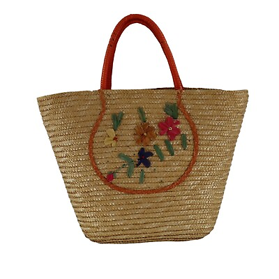 #ad Women#x27;s Straw Beach Bag Plastic Lining Woven Flower Tote Vacation Cruise Resort