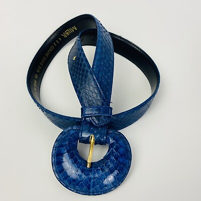 #ad Vintage Milor Designer Belt Genuine Snakeskin Blue Wide Buckle Fashion Accessory