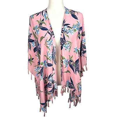 #ad Unbranded Pink Fringed Kimono with Blue White and Green Floral Print