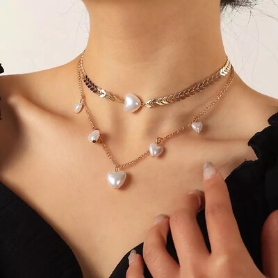 #ad 2 Layers Cute White heart pearl Golden Choker Necklace