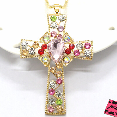 #ad New Fashion Women Lovely Color Bling Pink Cross Crystal Pendant China Necklace