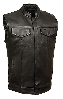 #ad SOA Mens Leather Vest w 2 Inside Gun Pockets amp; Snap Front Closure 1 Panel Back