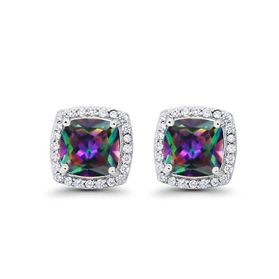 #ad Paris Jewelry 18k White Gold 4 Ct Created Halo Mystic Topaz CZ Earrings Plated