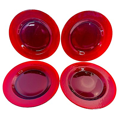 #ad 4 Ruby Red Glass Dessert Plates Textured Pebbled Underside Luncheon 8quot; Christmas