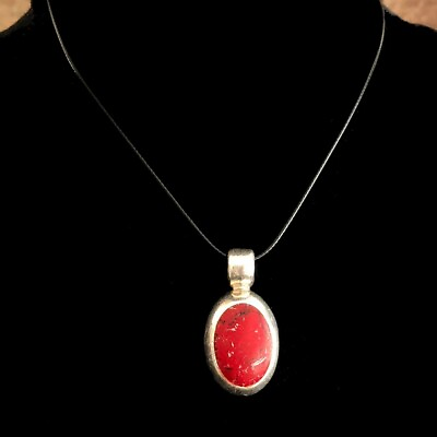 #ad VTG Red Agate Gemstone 925 Silver Pendant Oval mark #x27;MEXICO 925#x27; Free Necklace