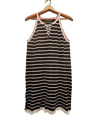 #ad 525 America Knit Dress Black Striped Nautical Sleeveless Mini Large New