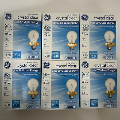 #ad GE 60 WATT Light Bulbs Crystal Clear 750 Lumens Dimmable Classic 12 Bulbs 6 Pack