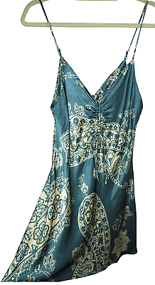 #ad Zara Blue Satin Paisley Ruched Slip Dress Mini Dress Size Large