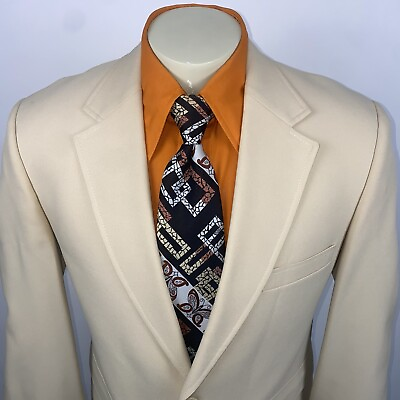 #ad Vtg Blazer Mens Leisure Suit Jacket Polyester Beige Disco Coat 42 Short 60s 70s