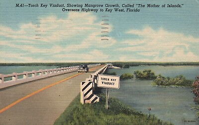 #ad Postcard FL Highway to Key West Torch Key Viaduct 1953 Linen Vintage PC J4463
