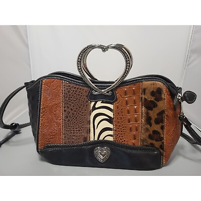 #ad Leather Patchwork Animal Zebra Leopard Print Heart Handle Satchel Purse