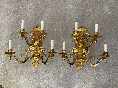 #ad Brass Wall Sconces Pair of elegant Chinese Chippendale 4 candle electric sconces