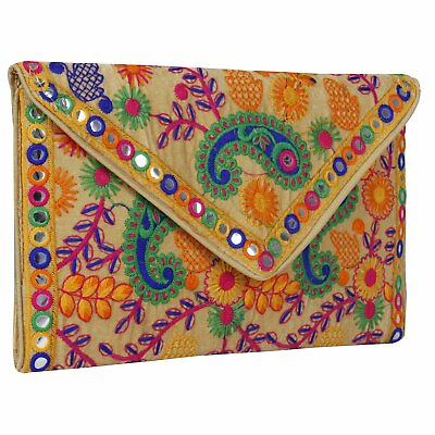 #ad Evergreen Handmade Embroidered Banjara Foldover Clutch Purse Sling Bag