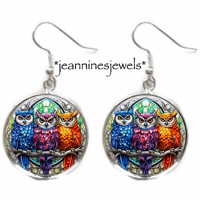 #ad Colorful Owls Silver Charm Dangle Drop Earrings Bird Lover Bird Watcher Gift