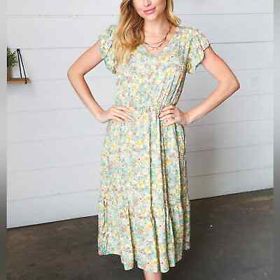 #ad Haptics Mint Floral Boho Elastic Waist Ruffle Midi Dress Women#x27;s Size Medium