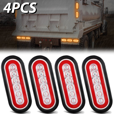 #ad 4PCS Red 6 inch 6 LED Oval Stop Turn Signal Tail Brake Light Side Trailer Truck