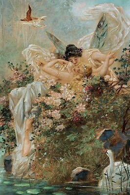 #ad Two Fairies Embracing in a Landscape with a Swan by Hans Zatzka Art Print