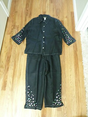 #ad Vtg BOB MACKIE ART S Black Linen Embroidered Button Blouse Jacket Capri Pant Set