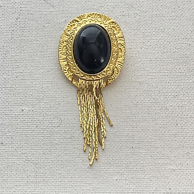 #ad Vintage 80s Gold Tone Acrylic Black Oval Cabochon Chain Fringe Brooch Pin